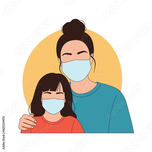 Mother and daughter embrace wearing protective face masks during pandemic