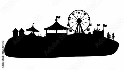 Silhouette of a fairground with a ferris wheel tents people and flags on a hill in black and white design