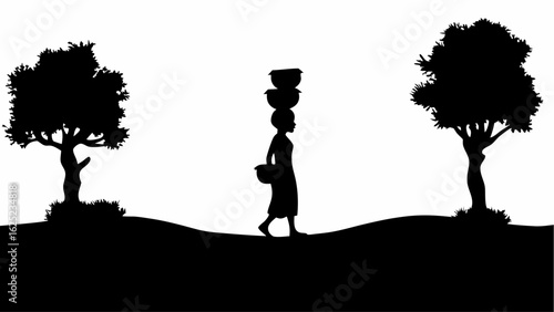 Silhouette of a woman carrying bowls on her head walking between two trees in a rural landscape scene design