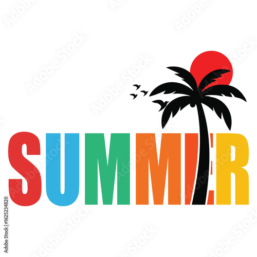 Colorful Summer Typography Design with Palm Tree, Birds, and Sun Illustration