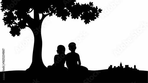 Silhouette of two people sitting under a tree with a city skyline in the background in black and white