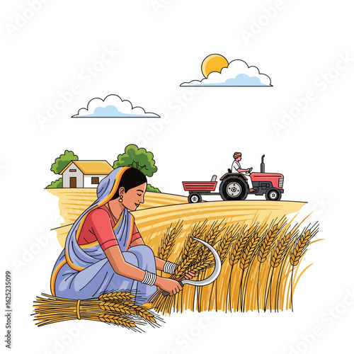 Rural farmers cultivating golden wheat fields under warm sunshine and clouds