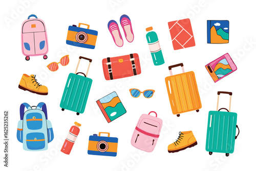 Travel Essentials: A vibrant collection of travel essentials, arranged with a dynamic perspective, ready for globetrotting adventures. The selection features a variety of luggage, cameras, shoes.
