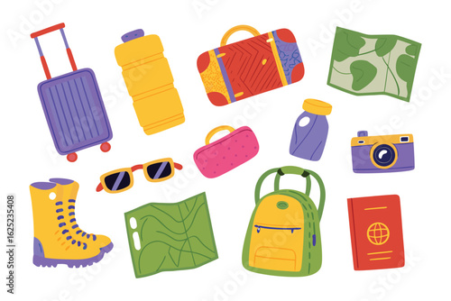 Adventure Awaits: A collection of travel essentials, from maps and luggage to a camera and passport, evoke a sense of anticipation and the thrill of exploration.
