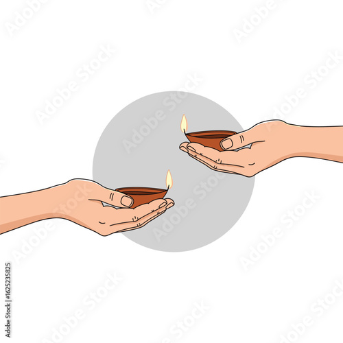 Two hands offering clay lamps with flickering flames in a symbolic circle