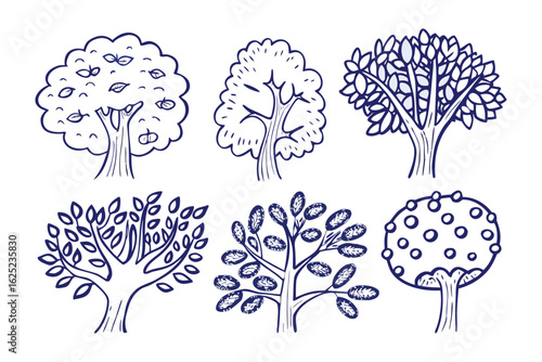 Artistic Tree Collection: An artful assortment of trees captured in a series of illustrative forms, each tree boasting unique characteristics from varying species.