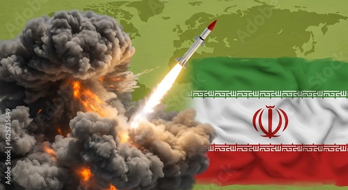 Iran missile launch illustration with flag and world map background