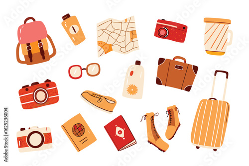 Travel Essentials Collection: A vibrant collection of travel essentials and accessories, arranged to showcase a world of adventure, ready for an unforgettable journey. 