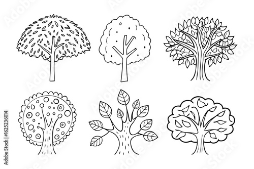 Tree Collection in Graphic Style: A collection of line art trees, each with a distinct style and form, showcasing the diversity of arboreal beauty.