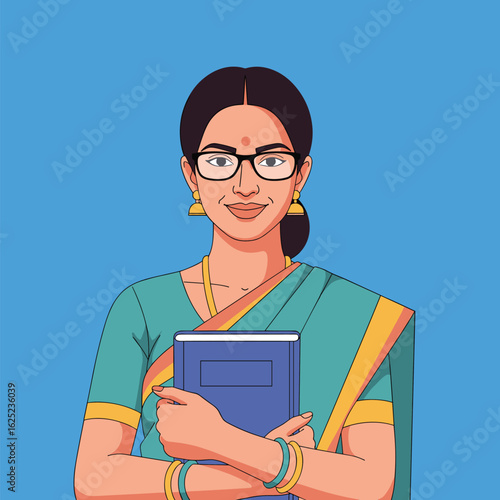 A professional indian woman teacher holding a book wearing traditional saree and glasses