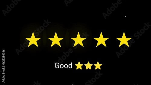 Dynamic star rating animation showcasing complete evaluation process from empty to filled stars. Essential for e-commerce, apps, websites, gaming, and any digital platform requiring user feedback and 