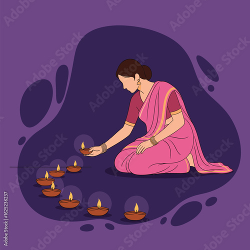 A woman lights diyas celebrating diwali festival of lights joyful celebration