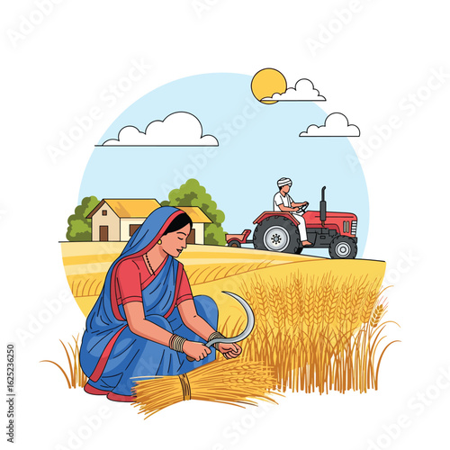Rural indian farmer harvesting wheat with sickle and tractor working in background