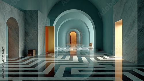 Abstract interior design featuring optical illusions hidden doors and a seamless blend of floors and walls