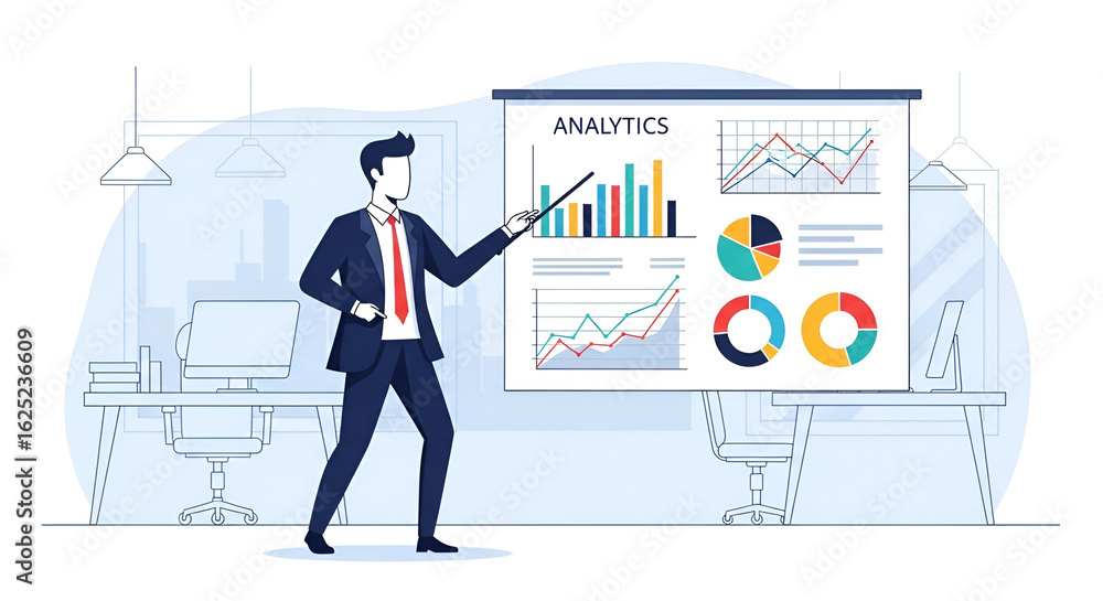 Naklejka premium Corporate manager presenting business analytics on a whiteboard, explaining data-driven strategy with charts and graphs for growth