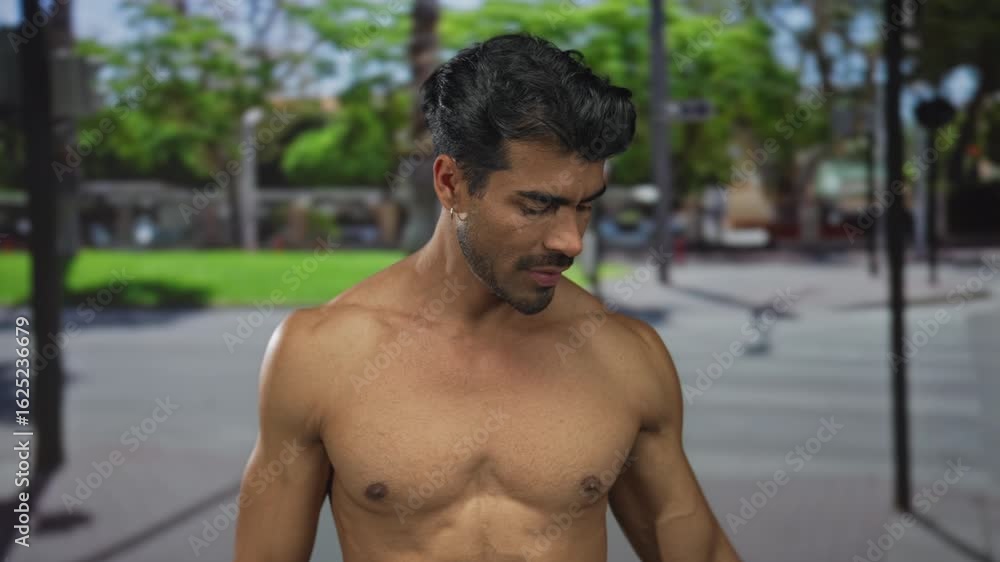 Shirtless young hispanic man bare chest shows dual thumbs down gesture on crowded street; disapproval. Shirtless young hispanic man bare chest shows dual thumbs down gesture on crowded street; disapproval.
