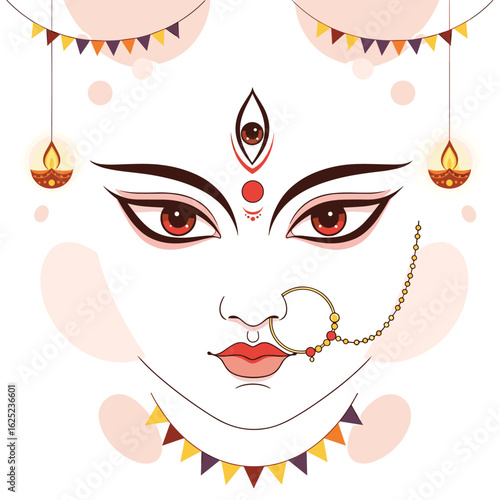 A majestic depiction of goddess durga's divine face adorned with festive decorations
