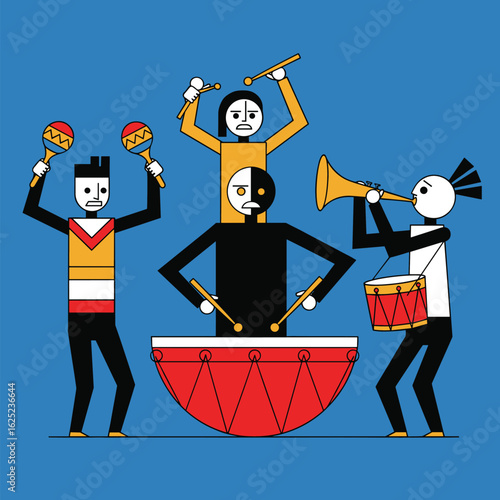 A lively ensemble plays musical instruments creating a vibrant soundscape