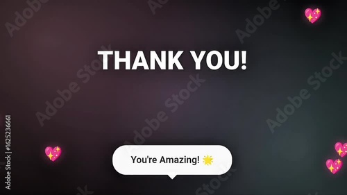 Animated thank you message with floating hearts and interactive button on gradient background. Perfect for expressing gratitude in apps, websites, and digital communications.