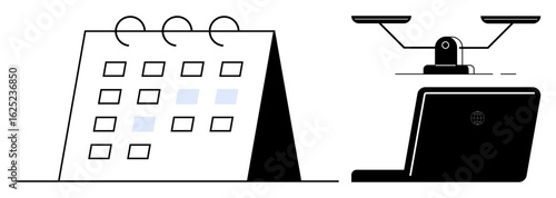 Desktop calendar showing dates paired with a balanced scale evokes themes of organization, work-life balance, and fairness. Ideal for planning, scheduling, decision-making, equality, prioritization