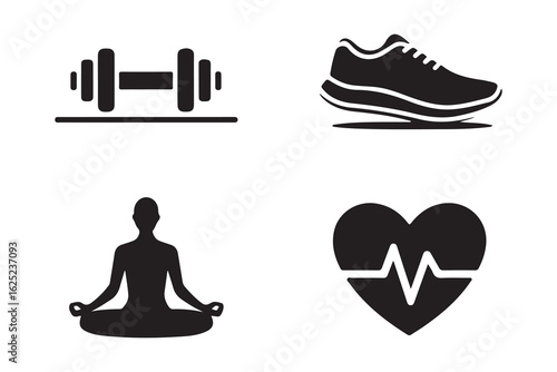 Fitness and Wellness Pictograms Featuring Weight Training Running Meditation and Heart Health on White Background for Health Concepts