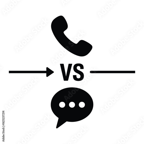 Vector icon comparing phone call and chat symbols representing communication methods isolated in black and white