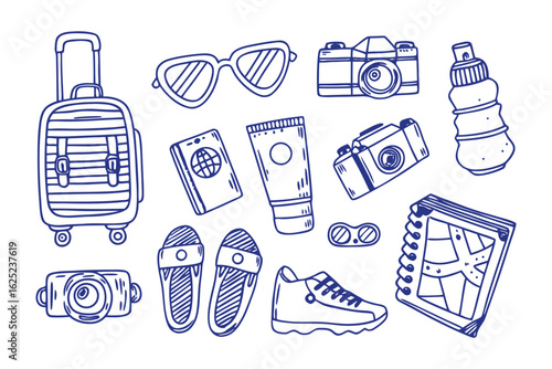 Travel Essentials: A playful illustration of essential travel items, from luggage and sunglasses to a passport and camera, perfect for visualizing a journey or vacation.