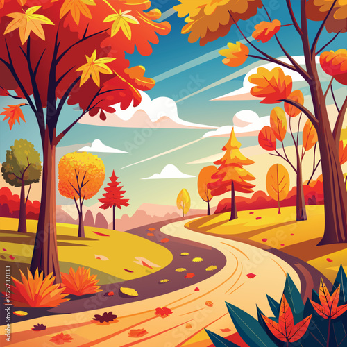 Autumn landscape with colorful trees and sunset sky in nature scene