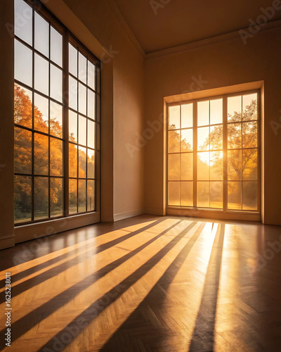 Empty modern room with large grid windows at sunset, scenic forest landscape view with warm golden sunlight and long shadows, architectural interior design background