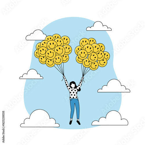 Smiling balloons lifting a person high above the clouds feeling joyful and happy