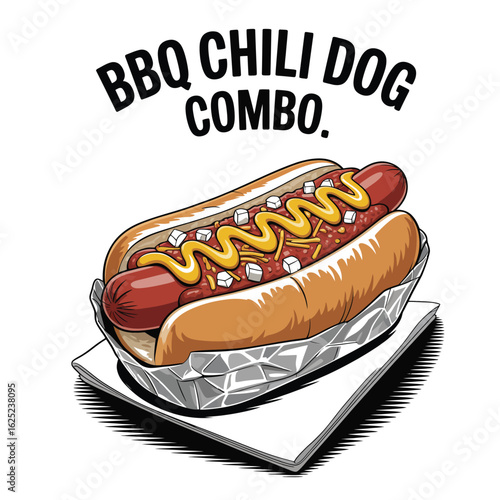 Bbq chili dog combo with toasted bun, cheddar cheese, diced onion, mustard drizzle, foil wrap, and napkin black and white vector