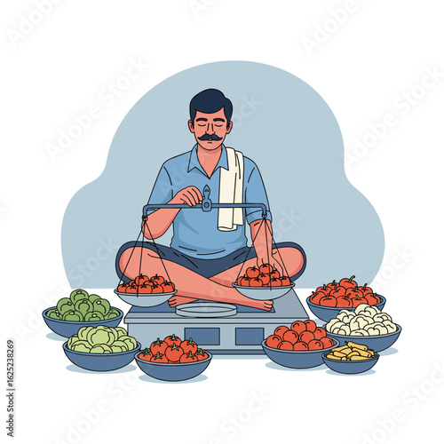 A farmer carefully weighs produce at a traditional indian market with abundant colorful goods