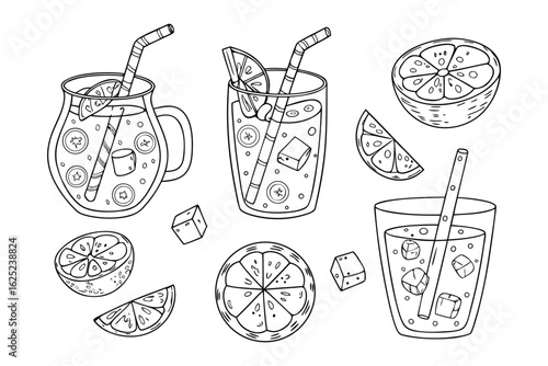 Fresh Lemonade Delights: An artistic illustration showcases the refreshing allure of homemade lemonade. Featuring glasses and a pitcher of lemonade, complete with ice cubes, lemon slices, and straws.