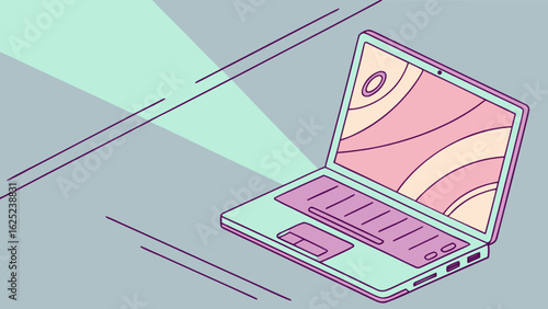 Isometric view of a pastel colored laptop with light rays emanating from the left side of the screen