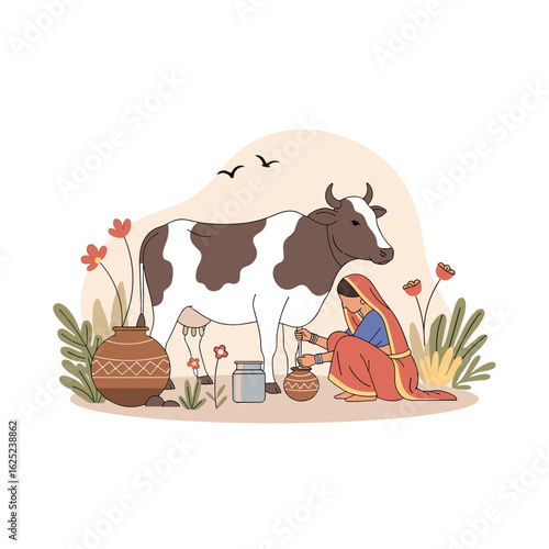 Traditional indian woman milking a cow in a rural farm setting