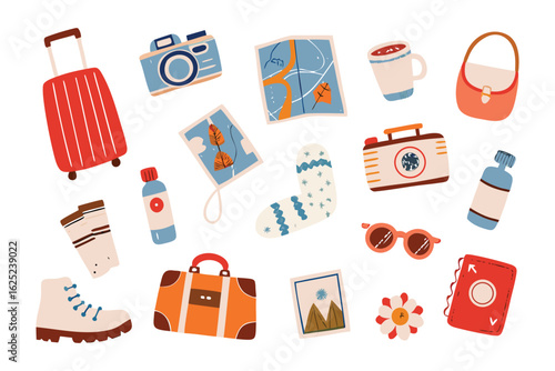 Travel Essentials: A vibrant collection of travel essentials laid out against an unseen backdrop, showcasing the tools and accessories needed for exploration and adventure. 