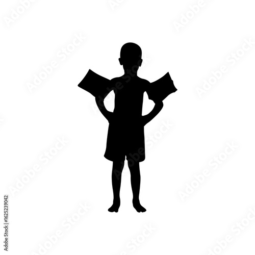 A bold, black silhouette of a young boy holding a beach ball and wearing flippers, standing confidently against a white background.
