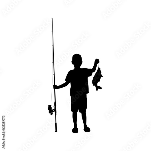A full shot silhouette of a young boy holding a fish he caught on a fishing rod.