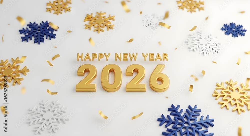 Happy New Year 2026 with golden numbers and snowflakes on white background Happy New Year 2026 with golden numbers and snowflakes on white background