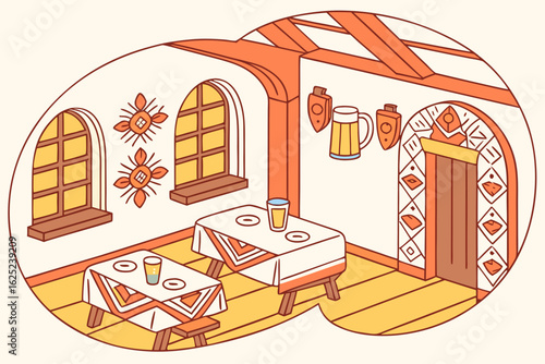 Clinking glasses of medovukha in a festive Ukraine tavern, modern flat illustration style