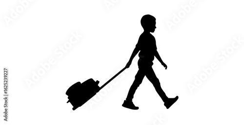 A simple silhouette of a young child pulling a suitcase, conveying a sense of adventure and travel.