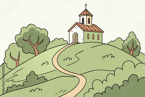 Climb to a hilltop chapel in Moldova’s countryside, modern flat illustration style