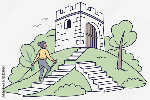 Climbing the stone steps of a Polish hilltop castle, modern flat illustration style