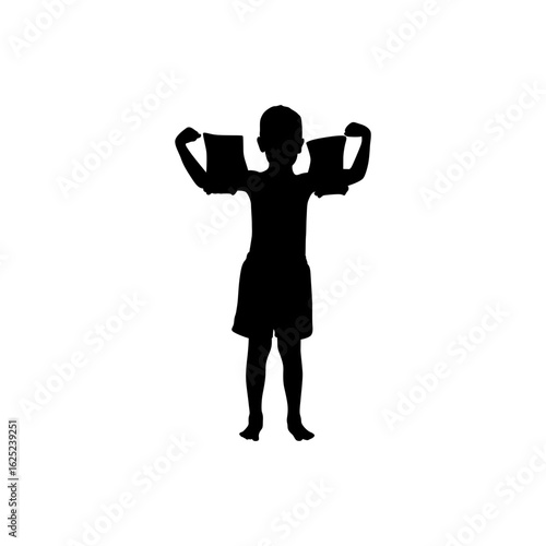 Full shot silhouette of a child, arms raised in a celebratory pose, holding imaginary trophies.