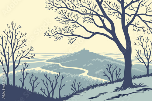 Climb a hilltop for sunrise over icy treetops in Wisconsin, United States, modern flat illustration style