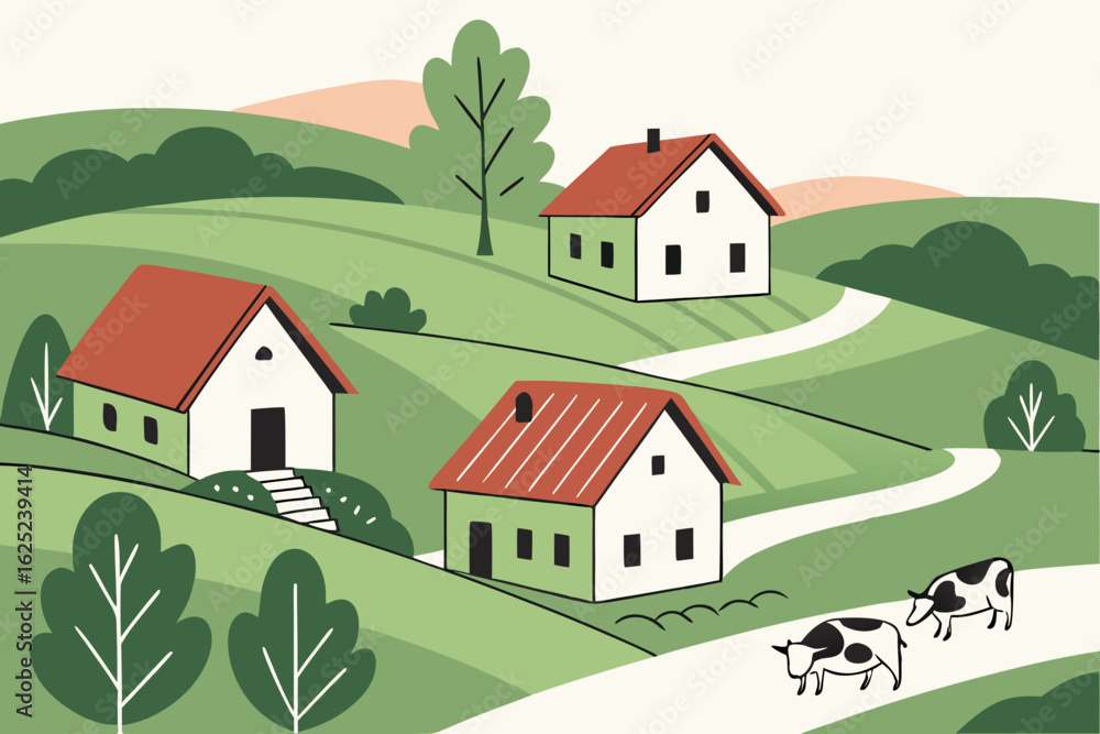 Naklejka premium Cows grazing near traditional farmhouses in Hungary, modern flat illustration style