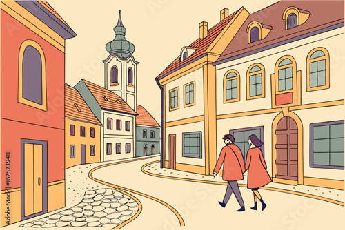 Couples walking through old town streets in Hungary, modern flat illustration style