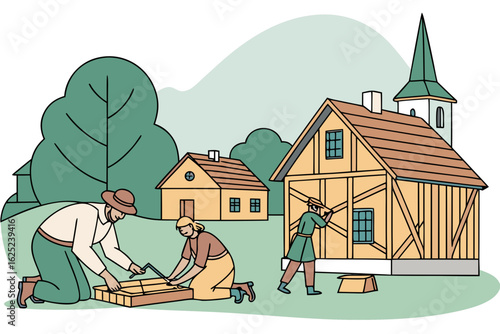 Craftsmen carving wood in a village in Estonia, modern flat illustration style