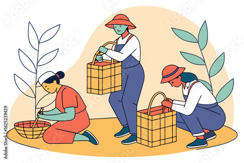 Craftsmen weaving baskets in village workshops in North Korea, modern flat illustration style