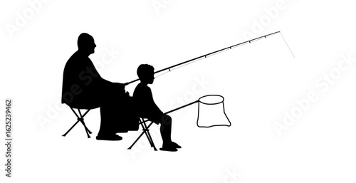 A simple, elegant silhouette of a grandfather and grandson fishing.